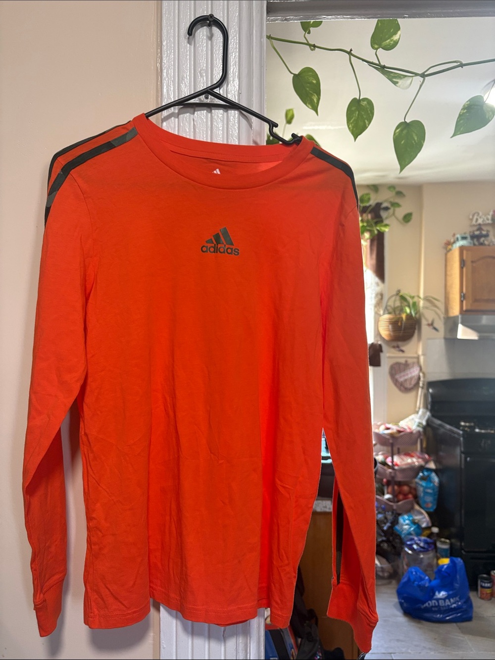 adidas Orange Long Sleeve Tee with Black Shoulder Stripes